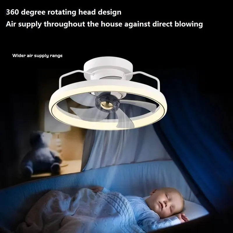 Modern white ceiling fan lamp with integrated light and five blades, mounted on a ceiling.