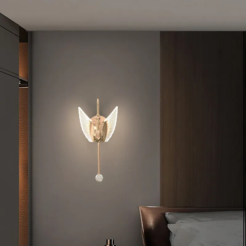 Modern gold swan neck bedside wall lamp with an acrylic shade and dimmable LED light.