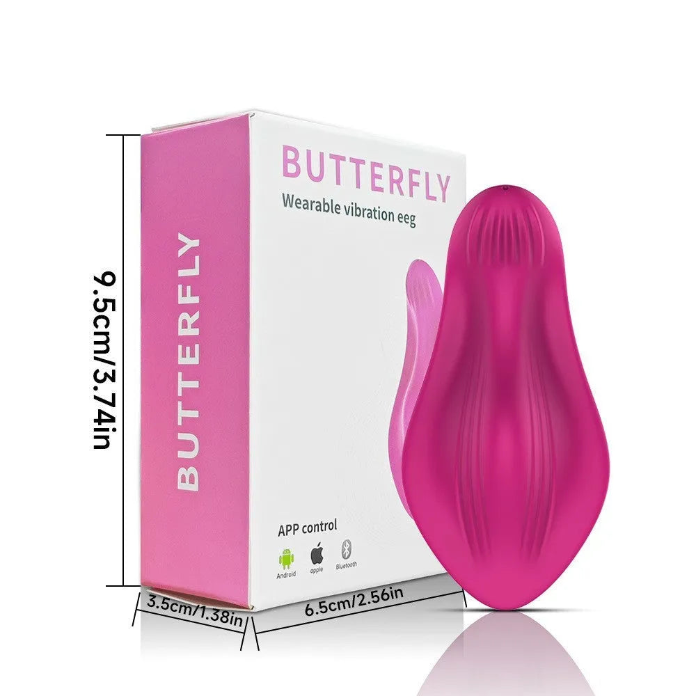 Rose red silicone wearable butterfly vibrator with remote smartphone app control.