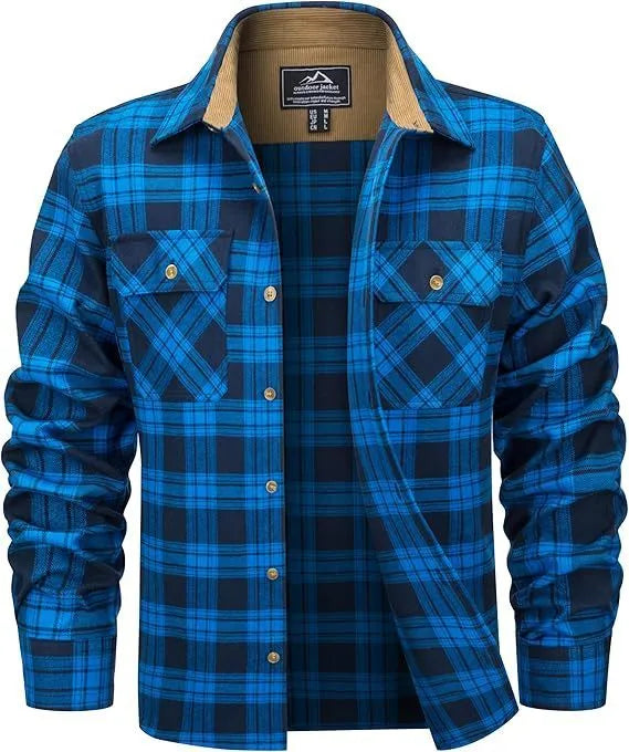 Men's polyester flannel button shirt with plaid pattern in multiple colour options