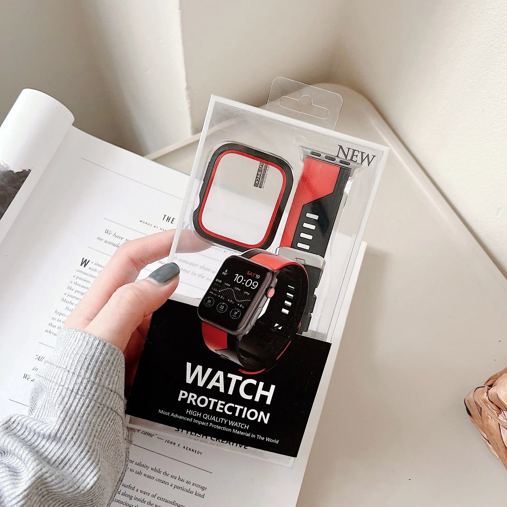 Two-tone silicone bumper protective case for Apple Watch, available in black and white, fits 45mm model
