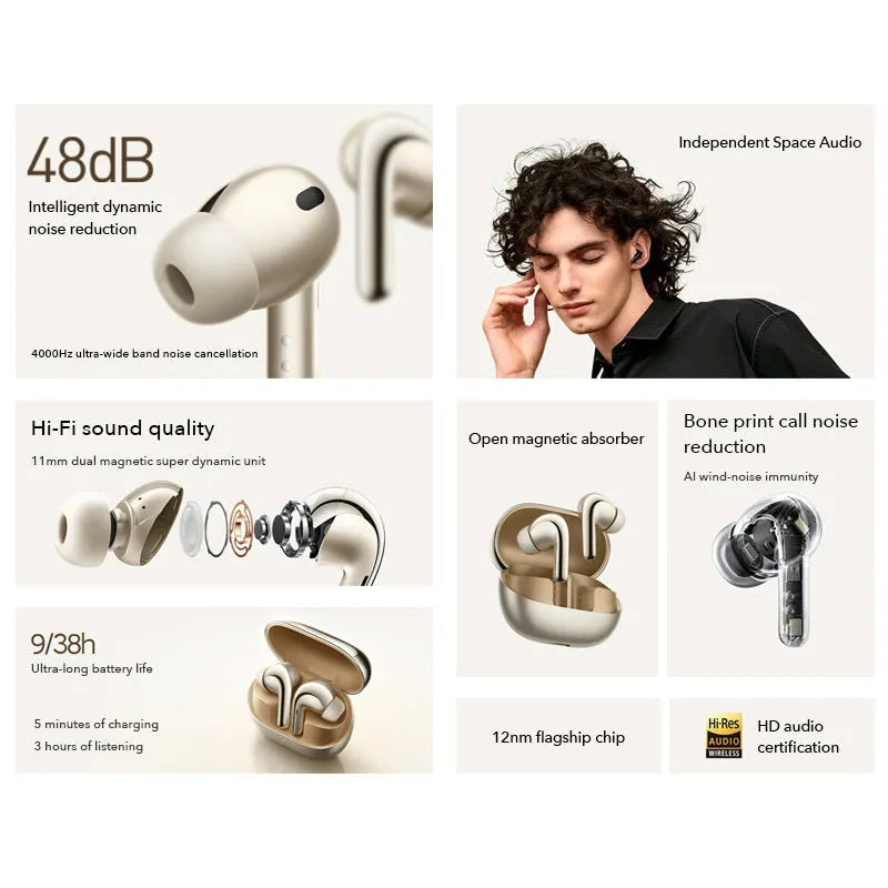 Black and gold active noise cancelling true wireless Bluetooth earbuds with charging case