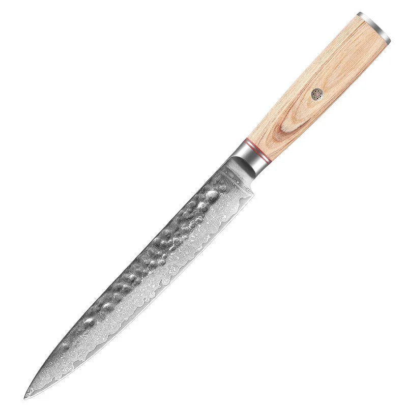 Damascus steel kitchen knife set of 7 with patterned blades and wooden handles on a dark surface