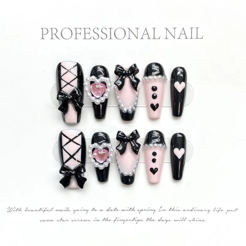Hand-painted black pink heart and bow pattern cat's eye artificial nails in four sizes