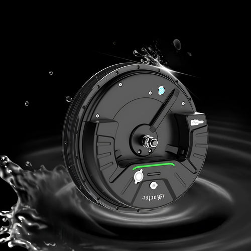 Black bicycle wheel with integrated Imotor 3.0 hub motor for electric bike conversion.