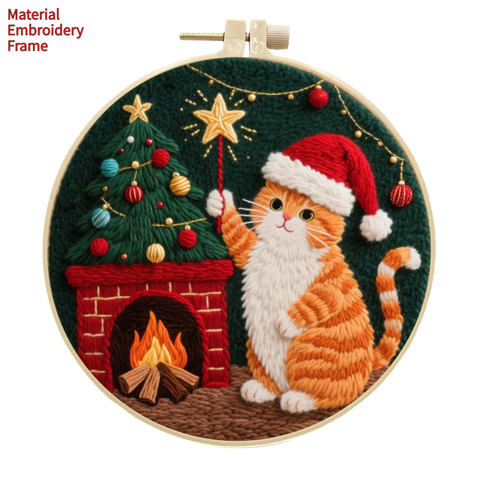 Embroidery material kit with autumn fruit and cat design on cotton linen fabric