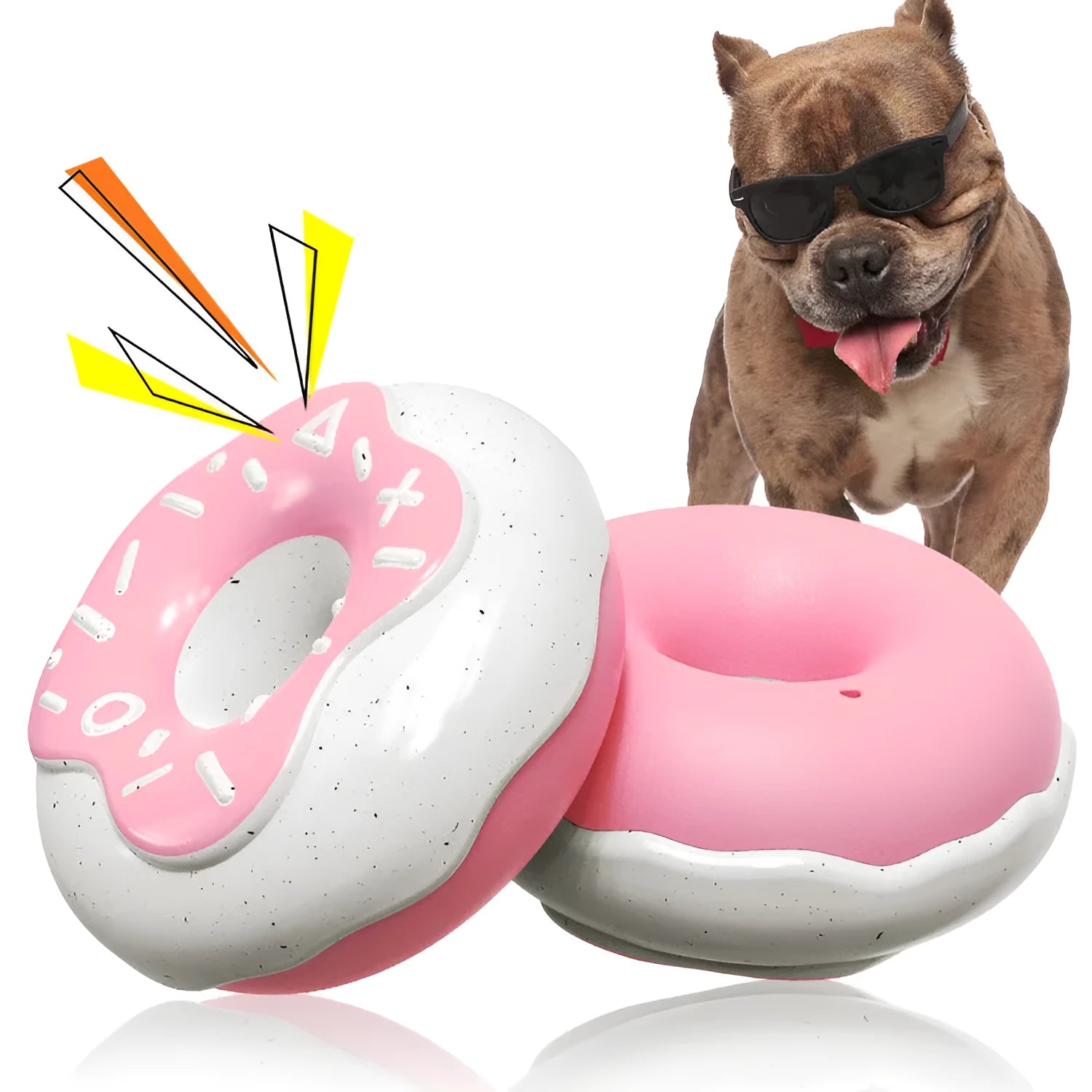Soft pink, yellow and chocolate TPR donut-shaped dog chew toy for molar teeth cleaning