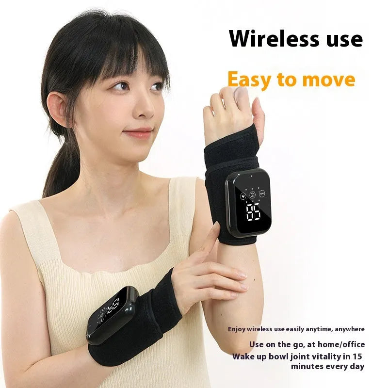 Black electric heated ankle sleeve showing adjustable design for joint support