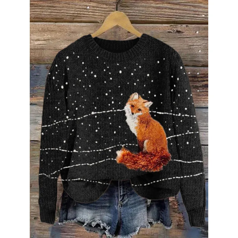 Women's little flower digital printed round neck long sleeve knitted sweater on a hanger.