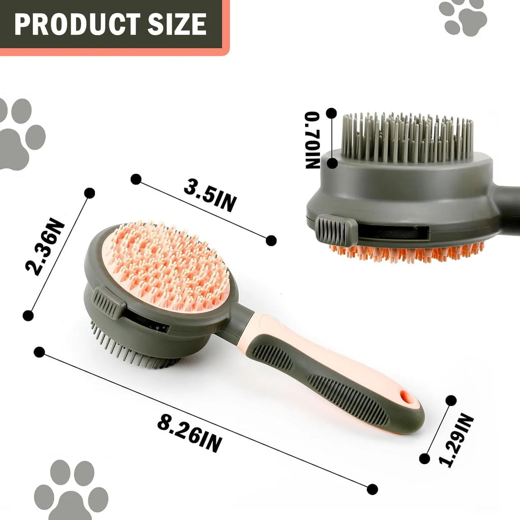 Green and pink double sided cat brush with release button showing brush and flea comb sides