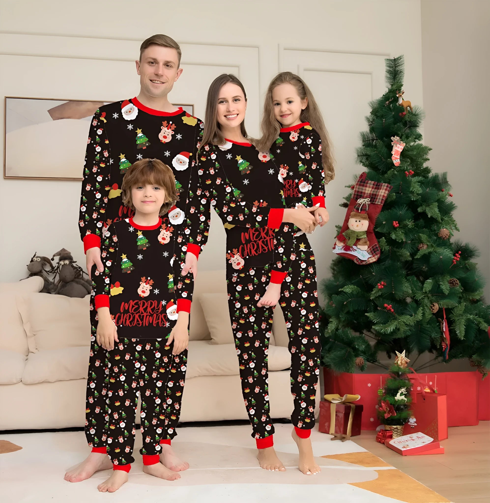 Family Christmas matching pajamas set in 95% cotton with plaid and cartoon designs for parents, children, and dogs