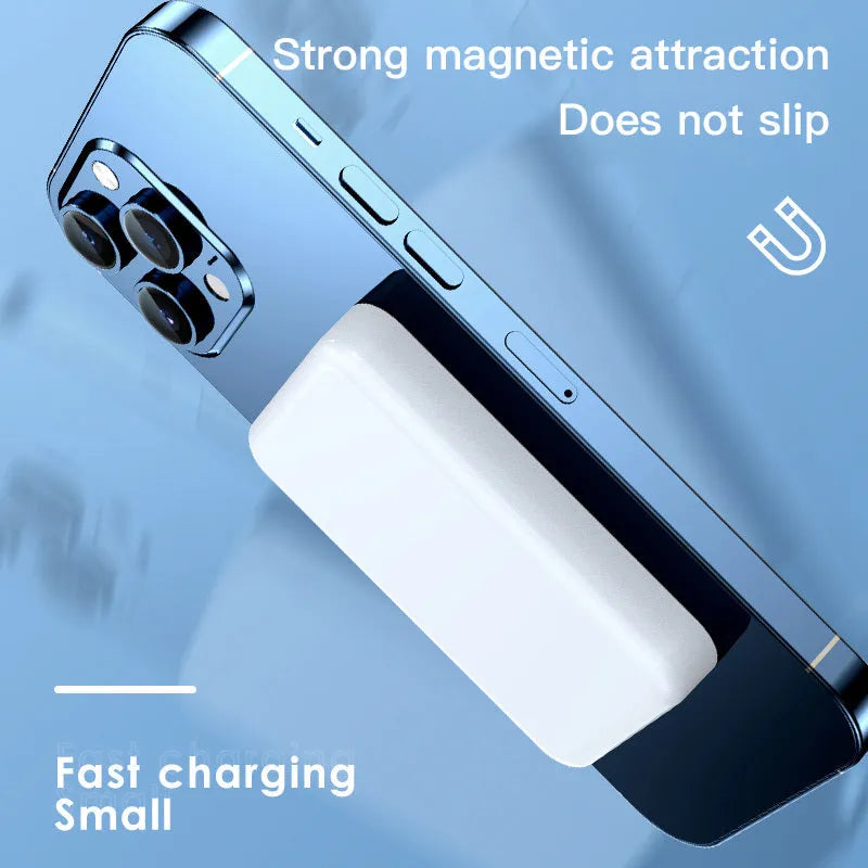 Pink magnetic wireless power bank showing 20000mAh capacity and 20W output specifications