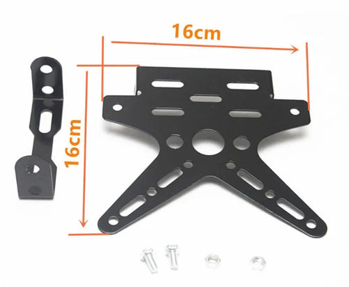 Aluminium alloy bat-shaped motorcycle licence plate frame in black with adjustable angle on rear of bike