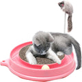 Blue interactive cat scratcher toy with ball in track and replaceable cardboard pad.