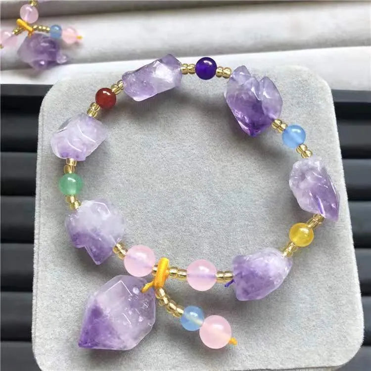Natural-shaped amethyst bead bracelet with engraved fu character for women's jewellery