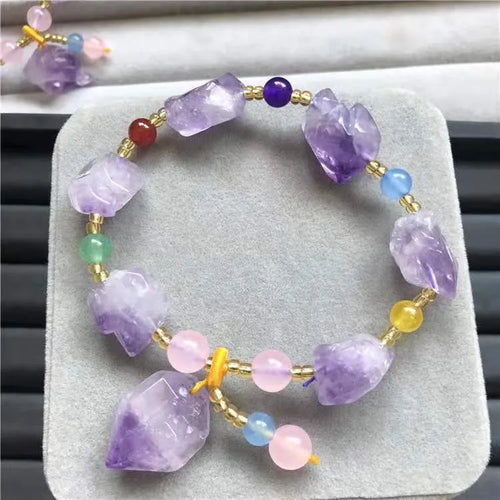 Natural-shaped amethyst bead bracelet with engraved fu character for women's jewellery