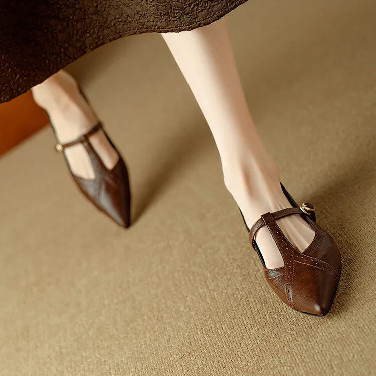 Women's brown pointed toe flat shoes with cowhide leather uppers and 3-5cm mid heel