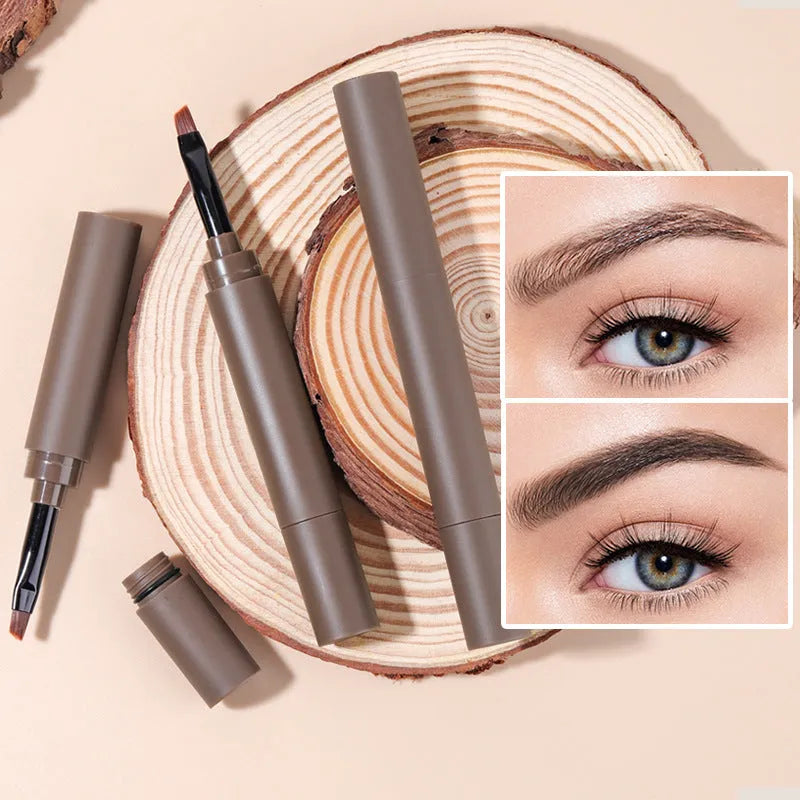 Dual-ended eyebrow cream in five colour shades including reddish brown, brown, light brown, dark brown, and black