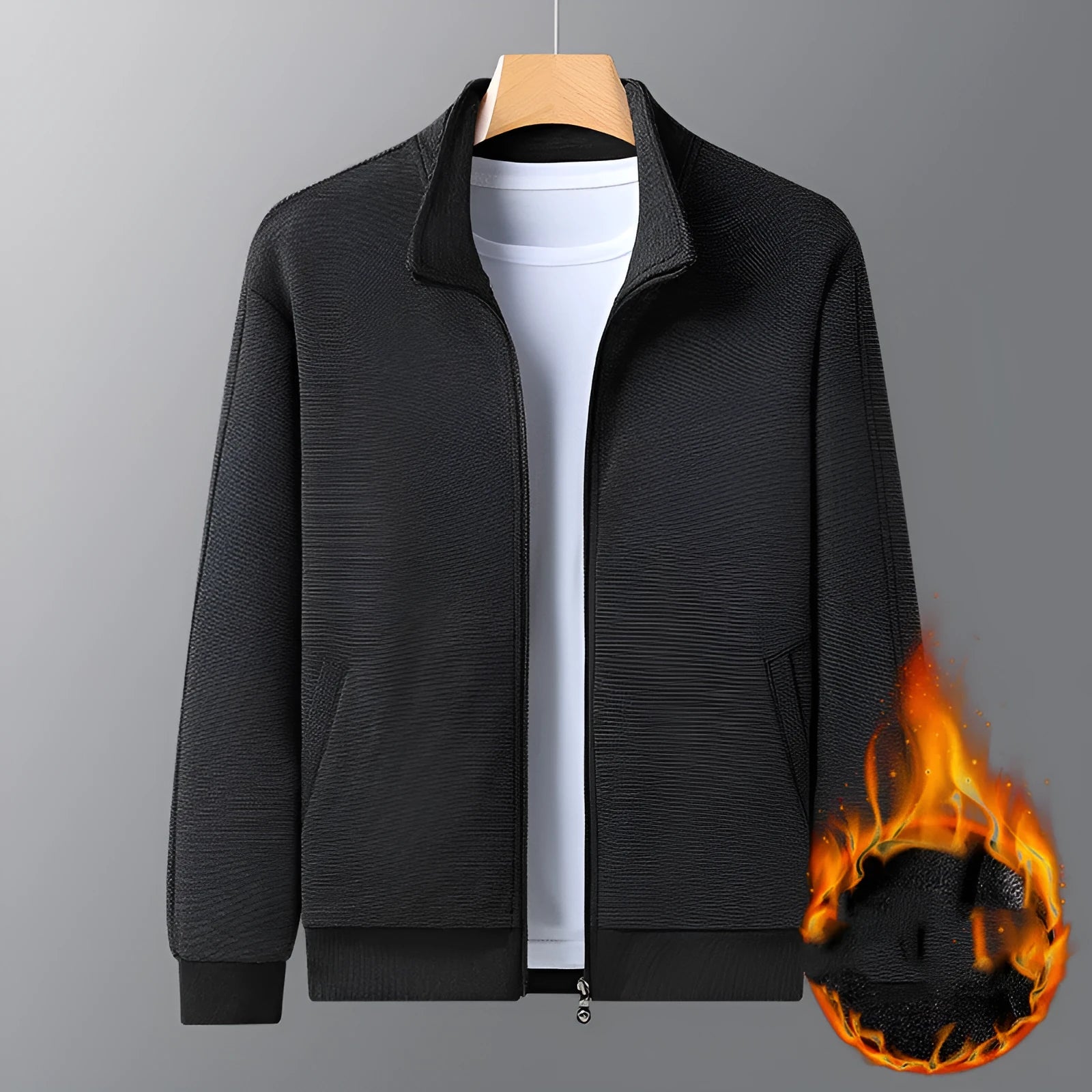 Man wearing a grey athletic-fit casual jacket with a stand-up collar and front zip.