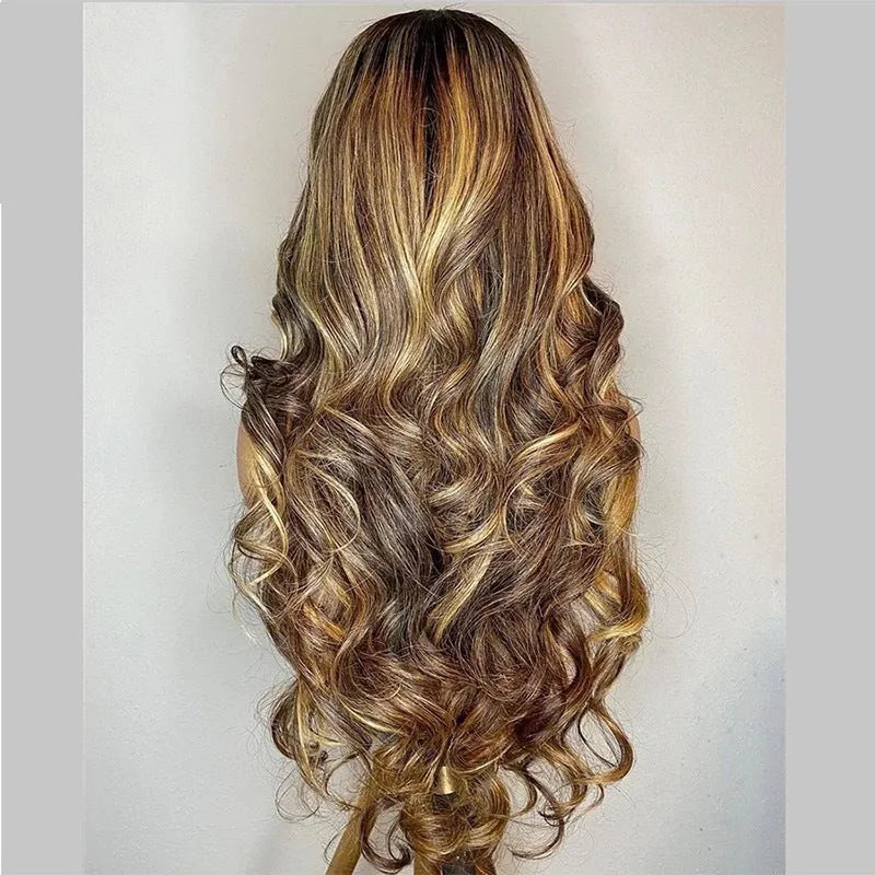 Long curly front lace wig with 134 gradient colour and side bangs made from high-temperature fibre.