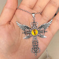 Geometric devil wings and cross alloy pendant necklace in blue on a silver chain.