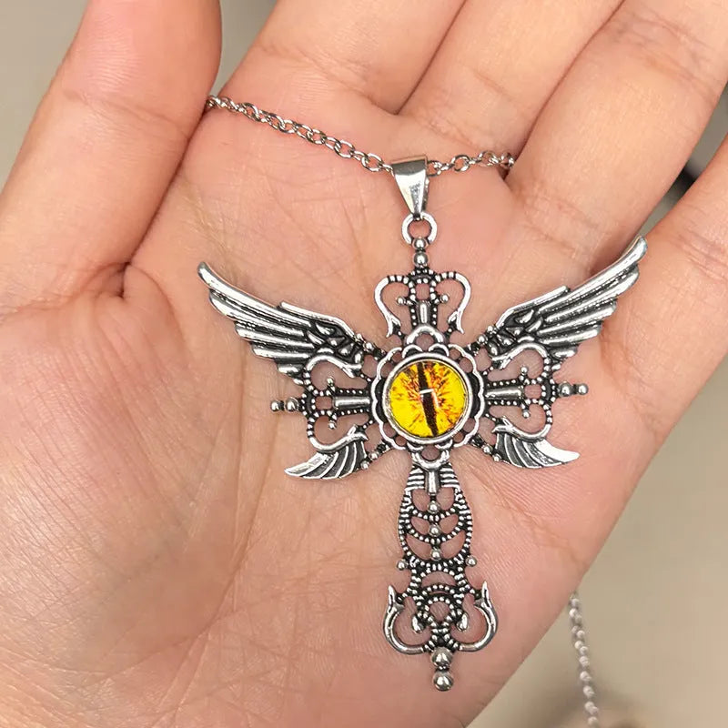 Geometric devil wings and cross alloy pendant necklace in blue on a silver chain.