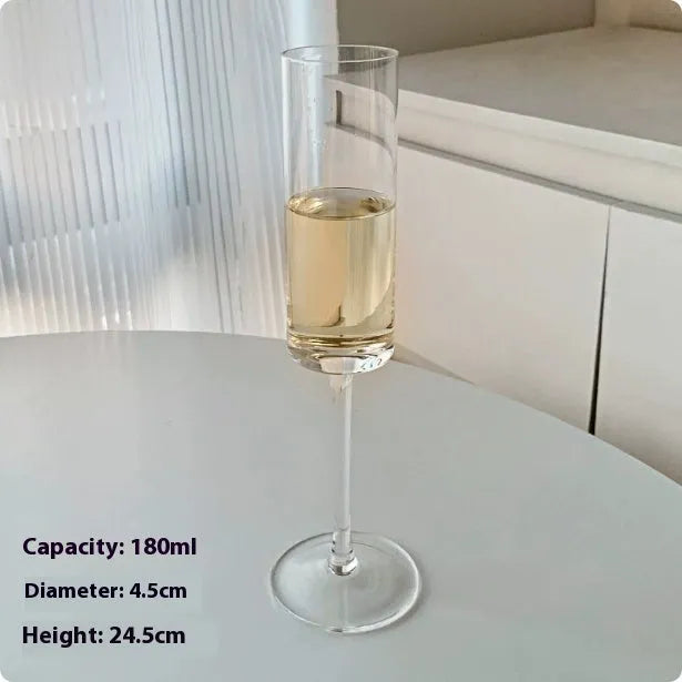 Set of six French-design champagne glasses in various crystal goblet styles including tulip and flute shapes