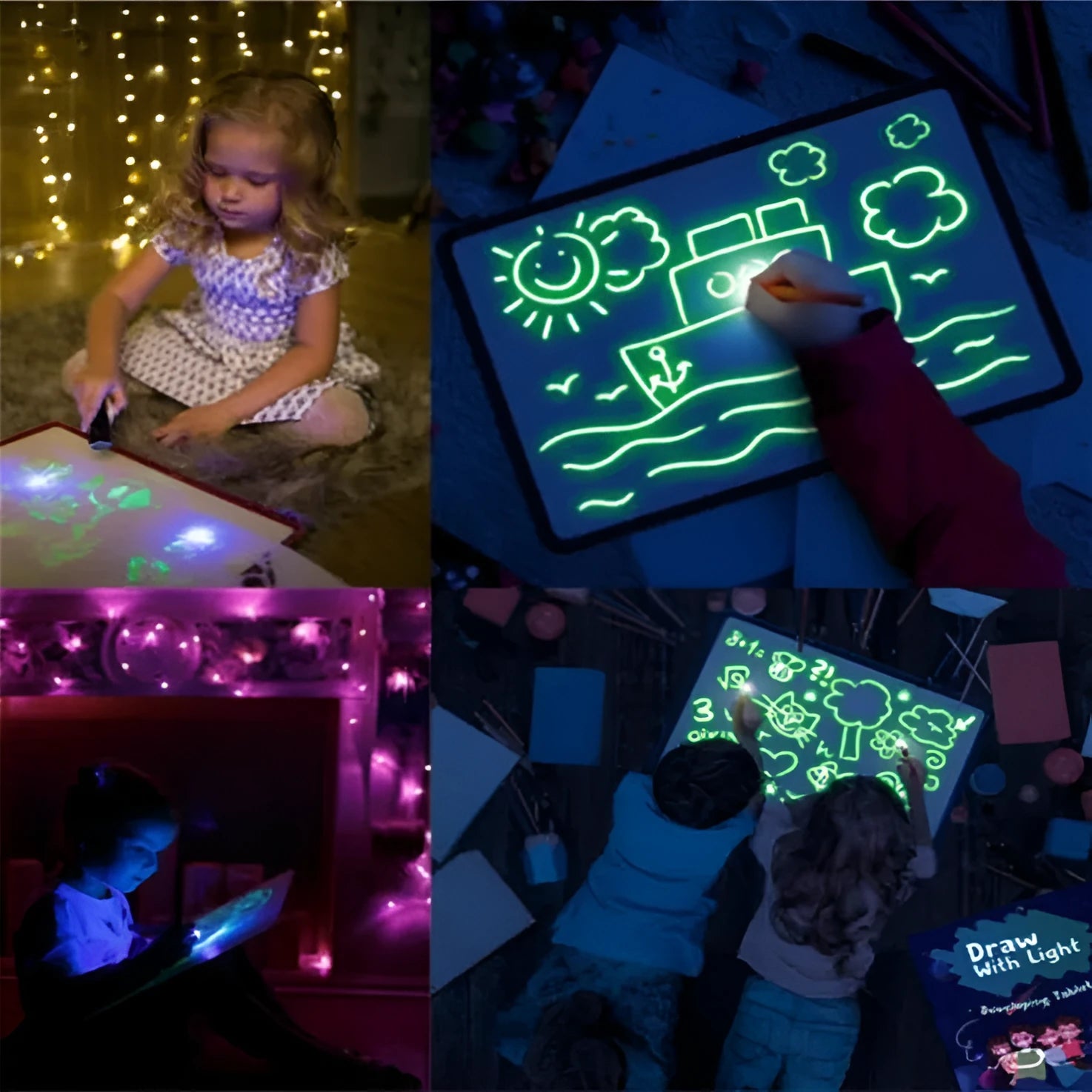 Educational drawing pad with light-accumulating coating, flashlight marker, and alphabet template for children aged 4-6.