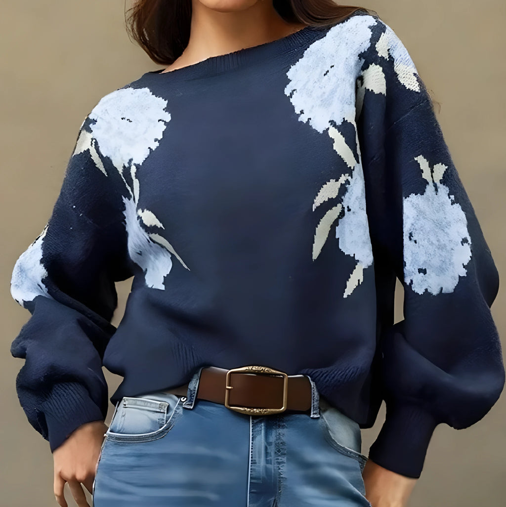 Women's sapphire blue off-neck pullover sweater with woven floral jacquard pattern