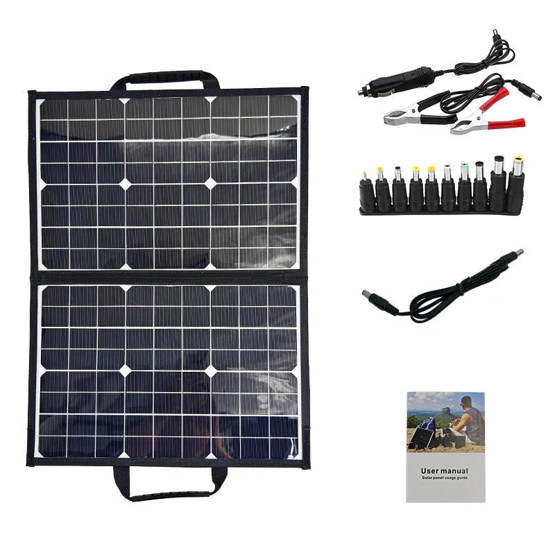 Black folding 40-watt monocrystalline solar panel bag shown both open and closed to 8cm thickness.