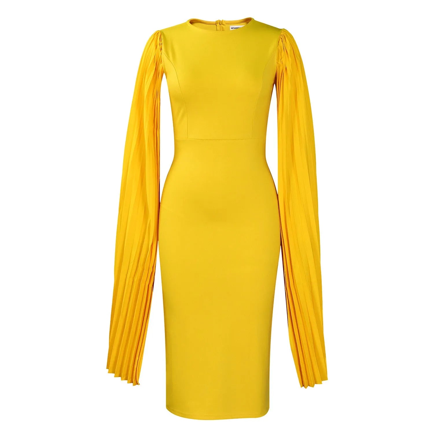 Yellow high-waisted evening gown with long sleeves and a full pleated skirt, model standing formally.