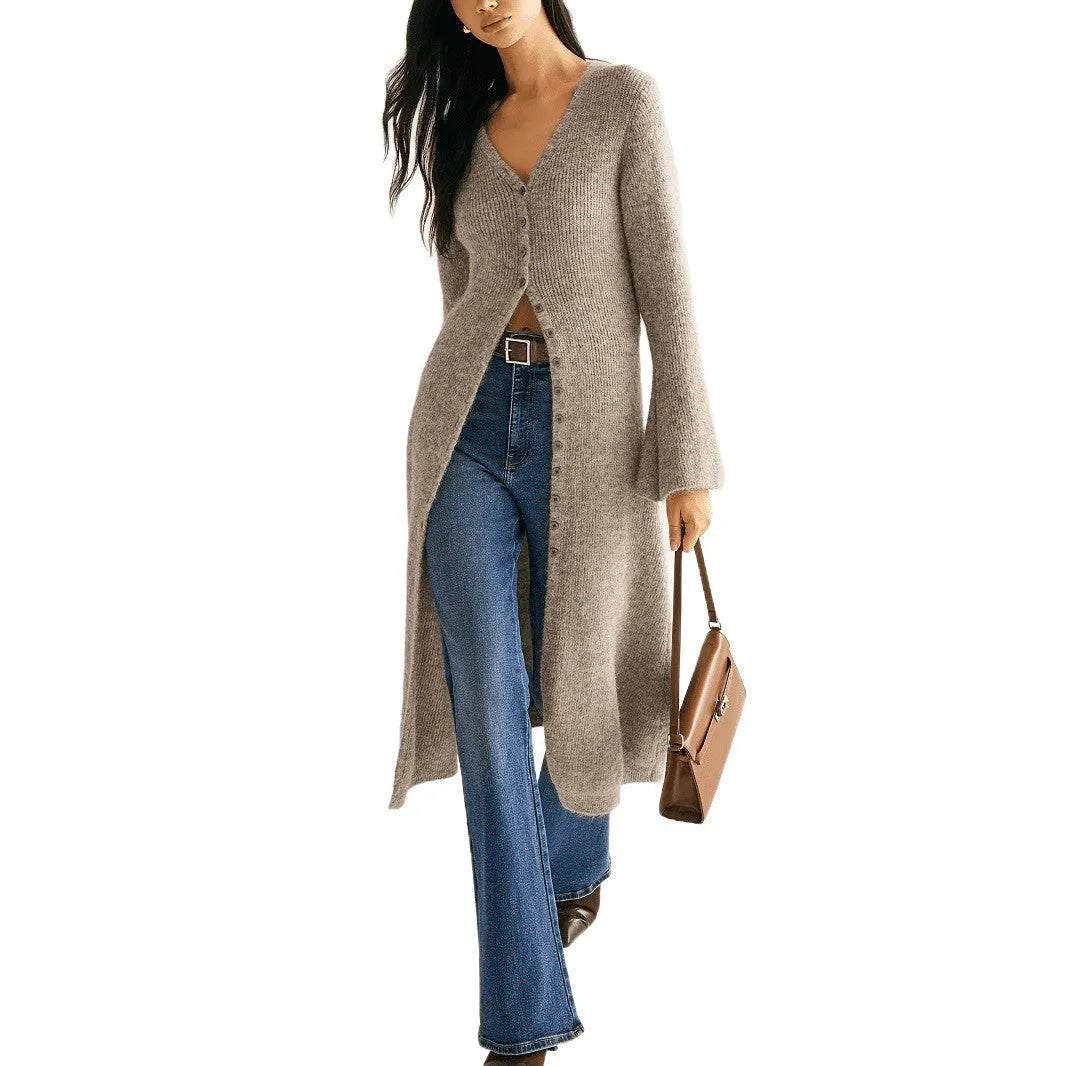 Khaki long sleeve coat cardigan with button front, shown in a retro elegant style.