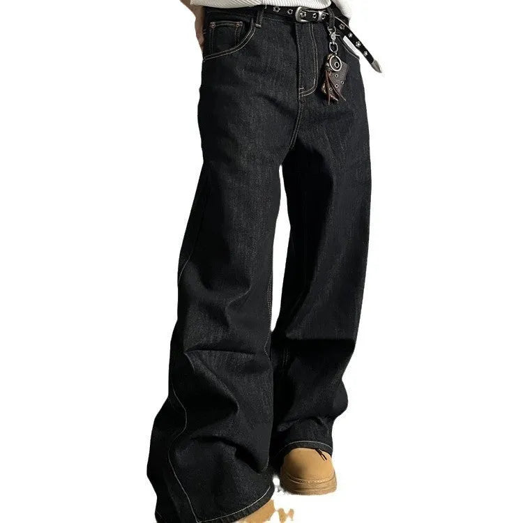 Black retro-style loose wide-leg jeans with straight-leg cut and zip placket closure