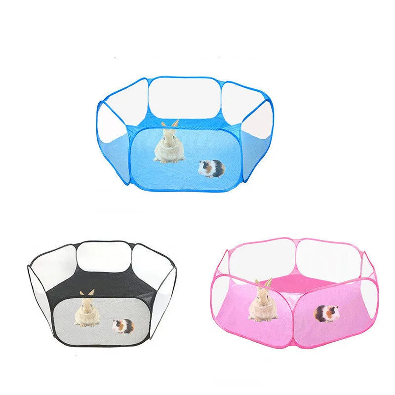 Portable folding small animal playpen with breathable mesh and automatic pop-up in blue, set up indoors with a small pet inside