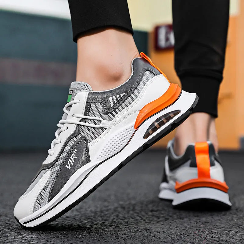 Men's grey mesh running shoes with round toe and lightweight sole for jogging
