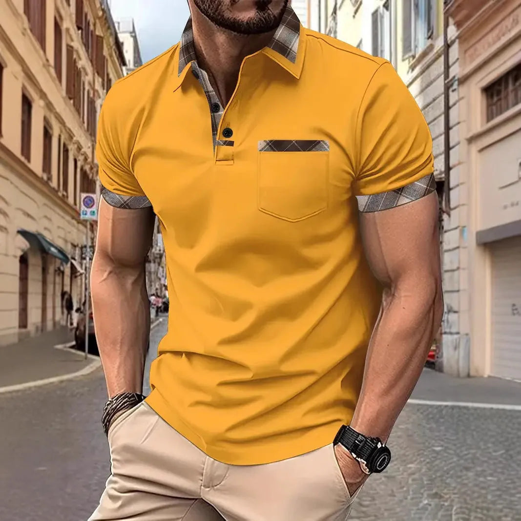 Men's loose fit plaid colourblock short sleeve t-shirt with zipper details on a neutral background.
