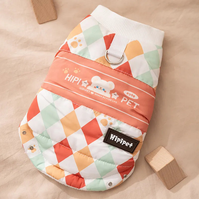 Quilted cotton-padded pet vest with integrated leash ring, retro bear or geometric print, brown or orange