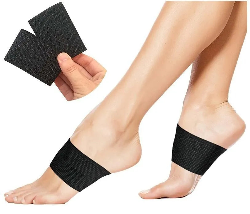 Elastic foot support bandage with a heart-shaped pad for arch support, shown in two style options.