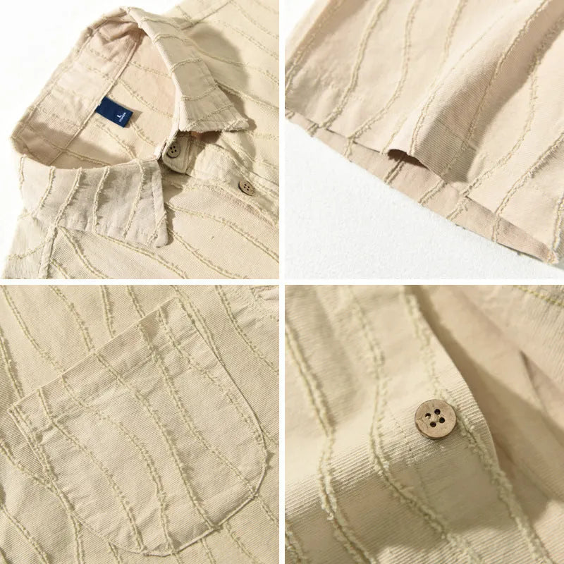 Men's apricot pure cotton loose-fit short sleeve casual shirt on a hanger.