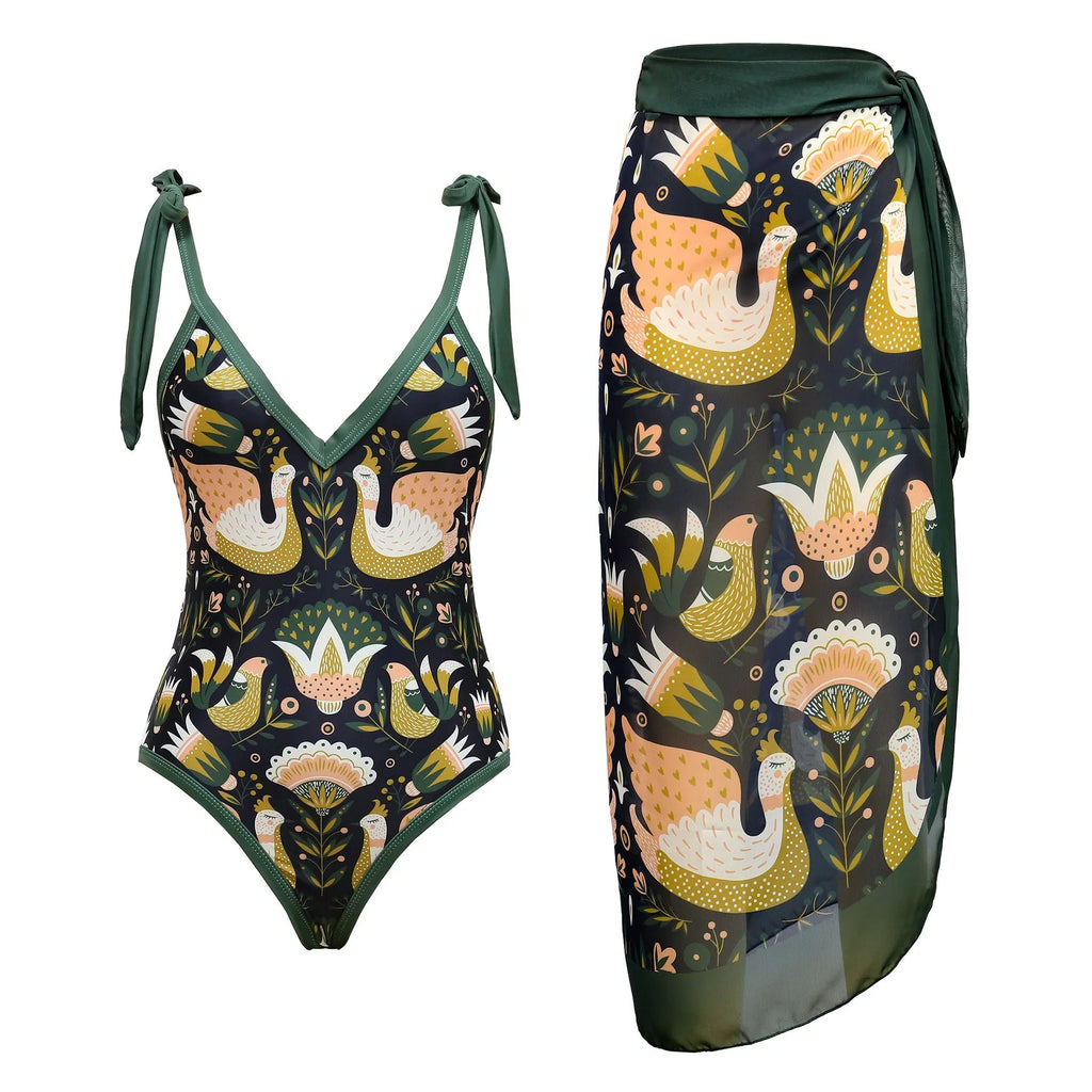 Women's solid colour one-piece swimsuit with spaghetti straps and attached skirt