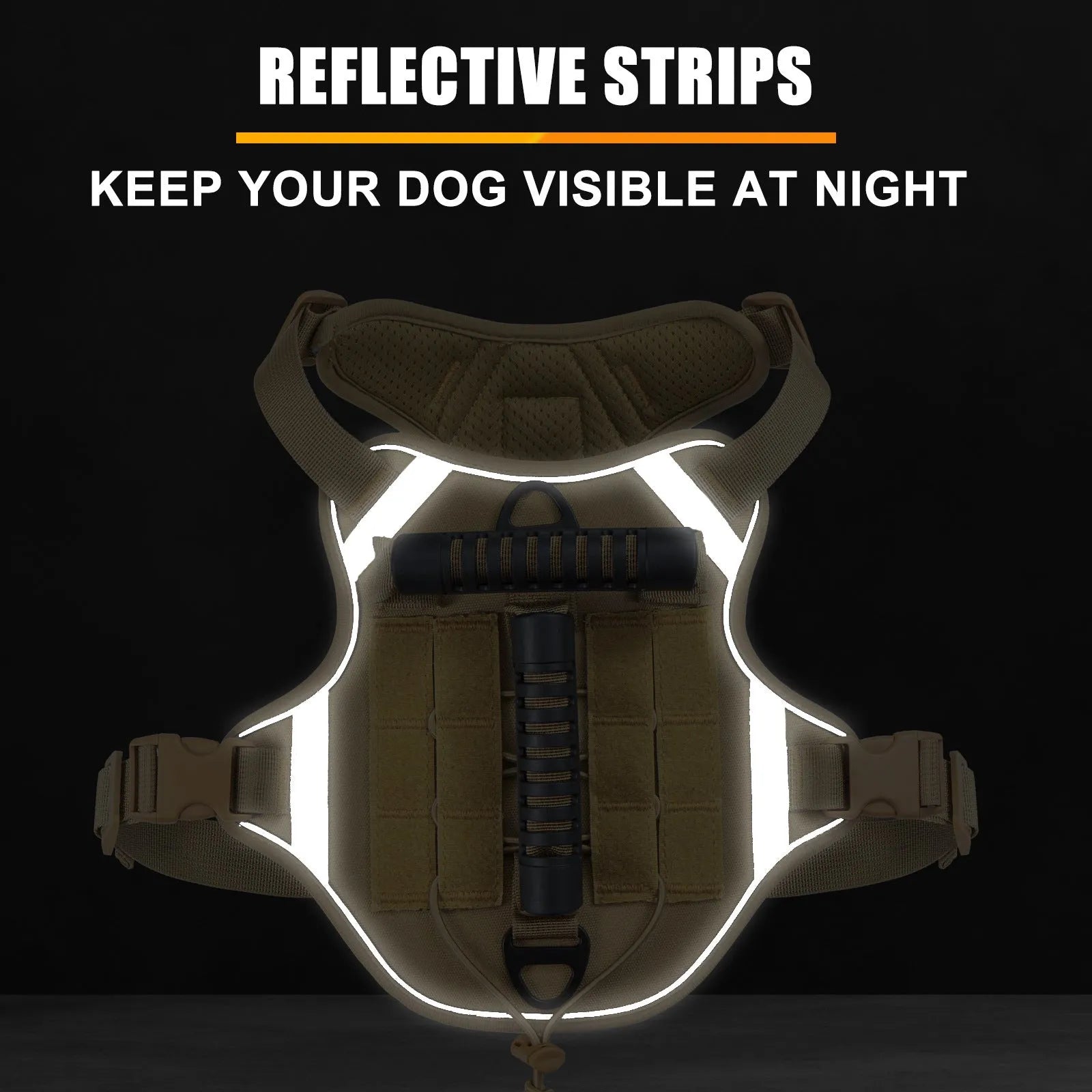 Tactical dog chest harness with rope leash in polyester with reflective strips
