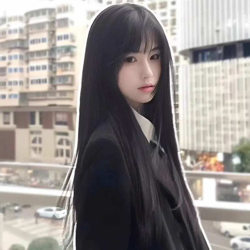 Long straight black synthetic wig with bangs, shown in brown black and cold brown colour options.