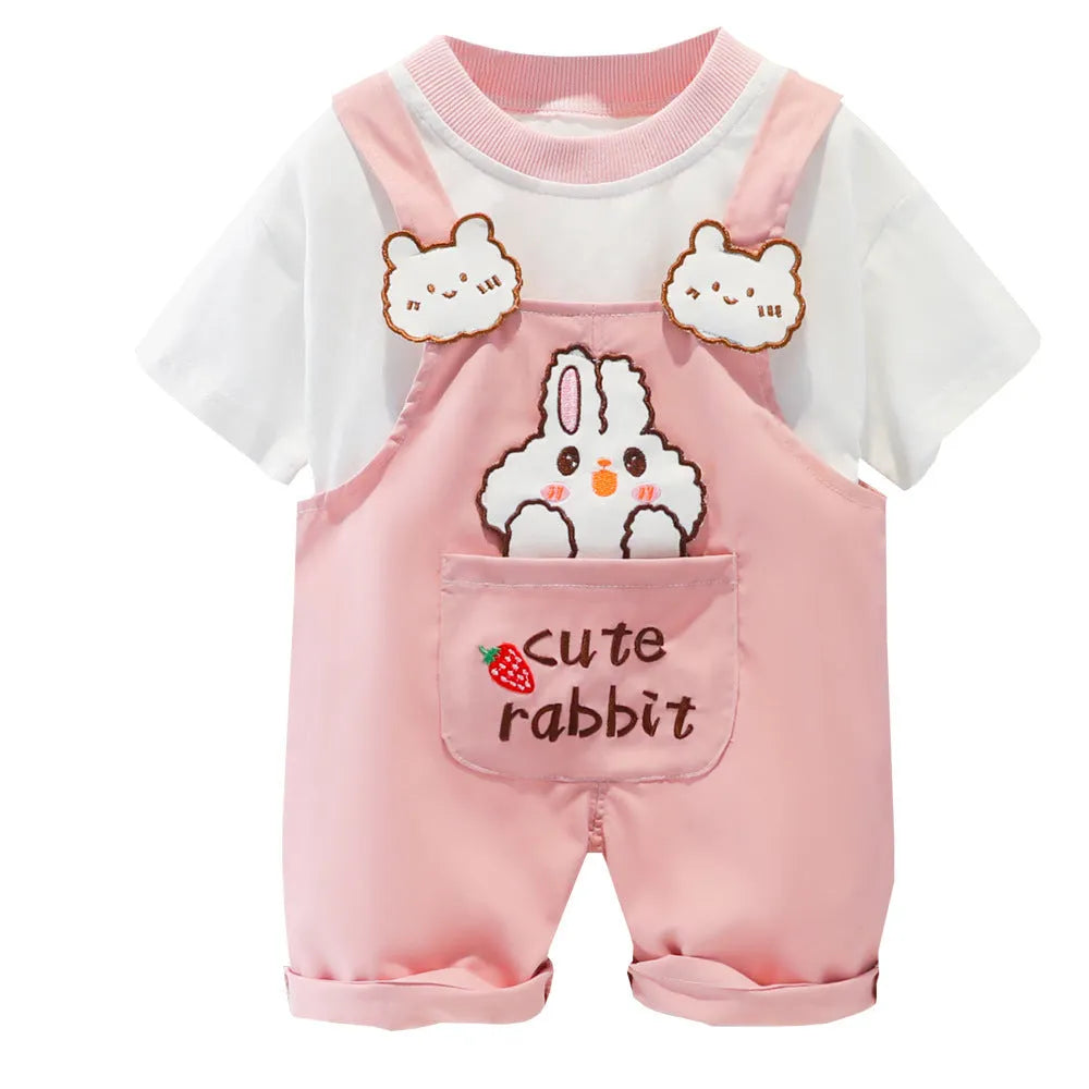 Cotton baby overalls with cartoon patterns in yellow, pink, and khaki colours