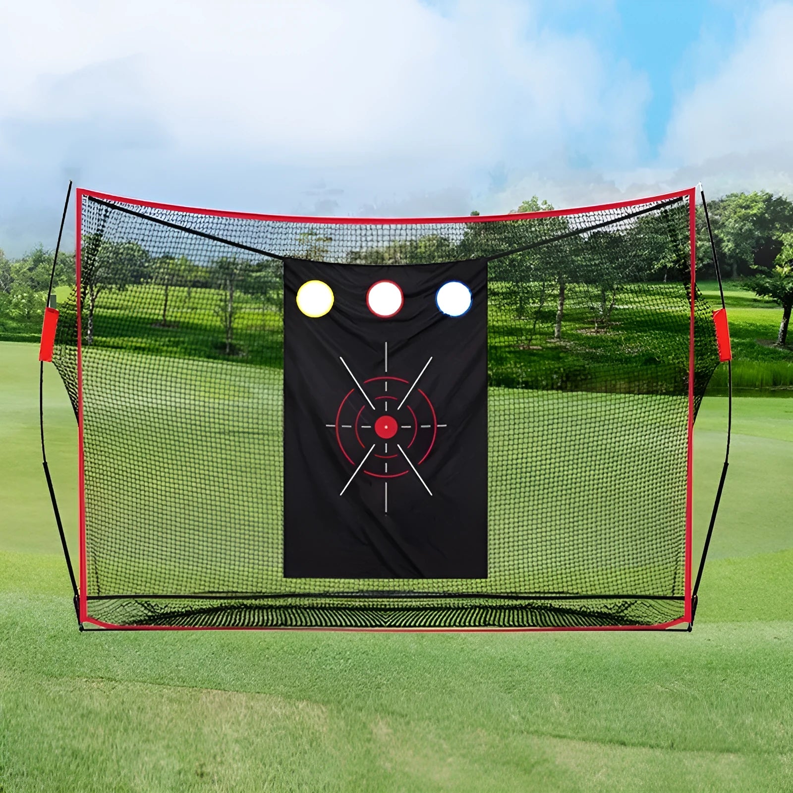 Golf wedge training net with 3-hole target and straw practice mat with accessories