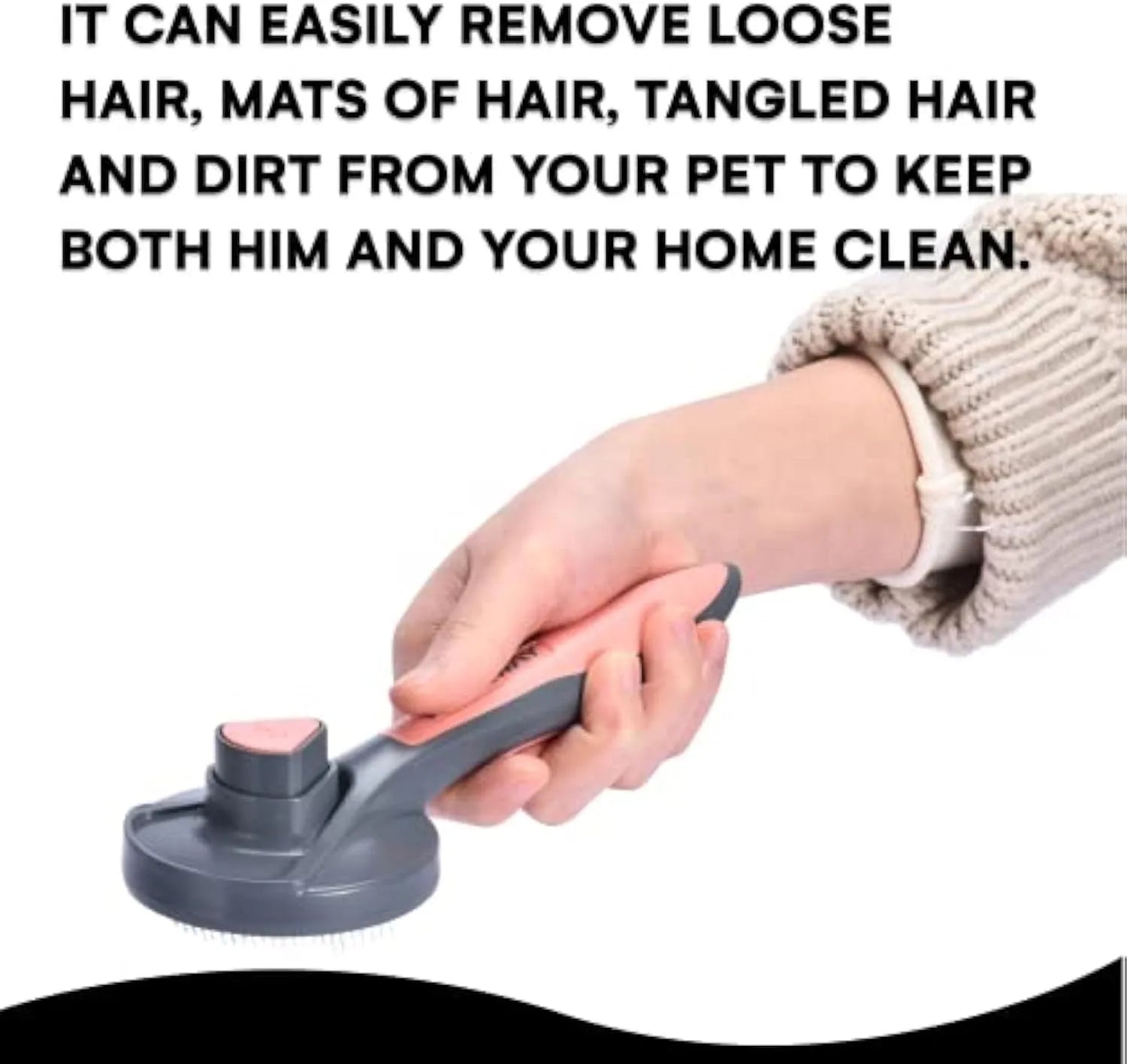 Grey self-cleaning slicker brush for grooming cats and dogs, showing the one-touch button and soft bristles.