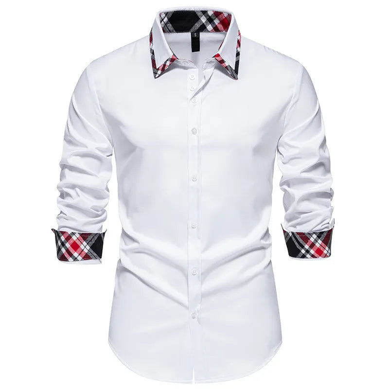 Men's long sleeve plaid shirt with a triangle collar in black, blue, or white.