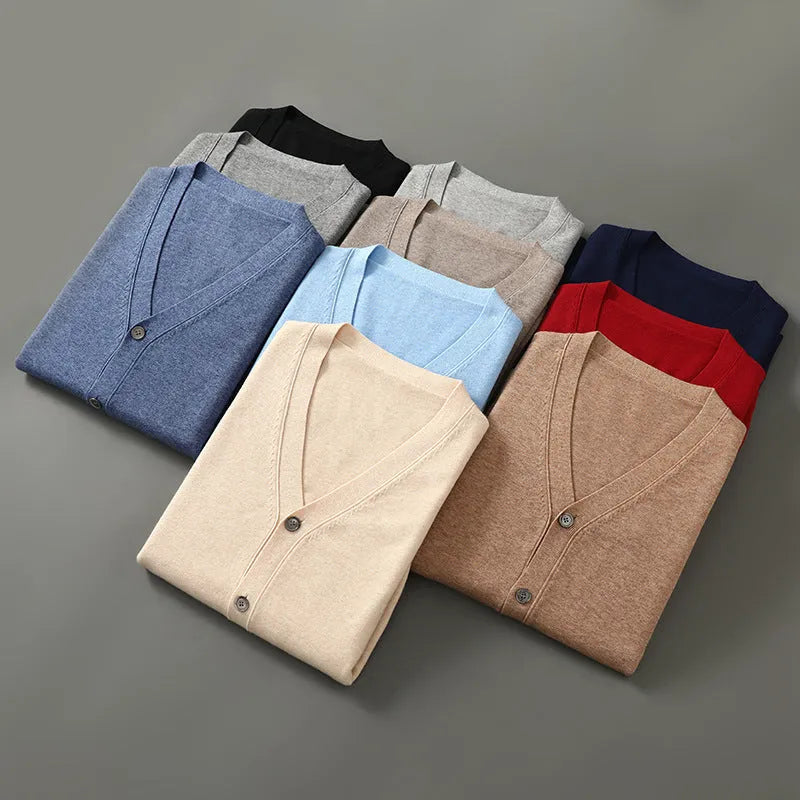 Men's loose-fit V-neck cardigan coat in Andy velvet fabric shown in beige colour.