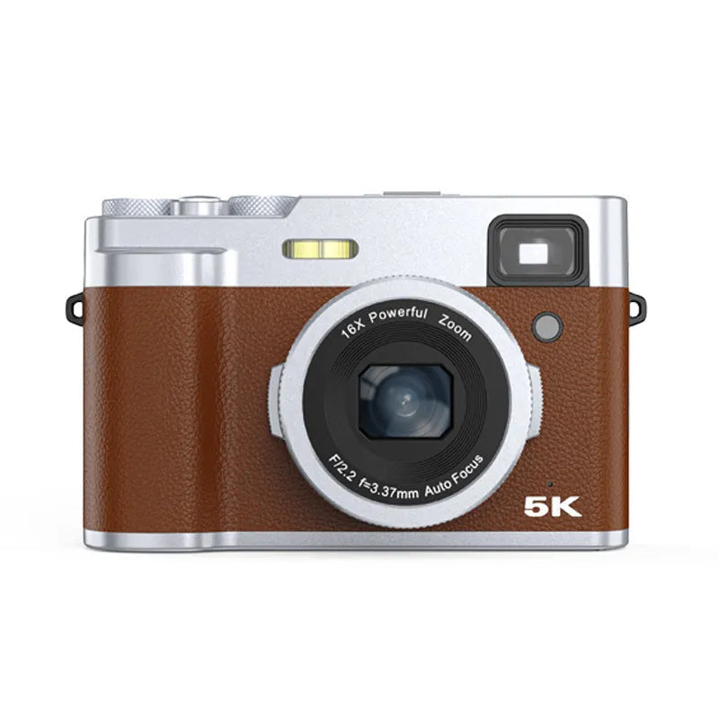 Black dual-lens digital camera with optical viewfinder and 2.88-inch screen on a strap.