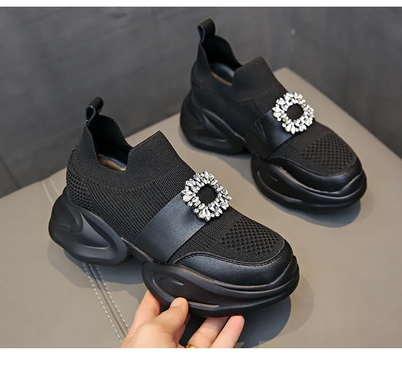 Black women's rhinestone square buckle breathable mesh baotou half slippers close-up