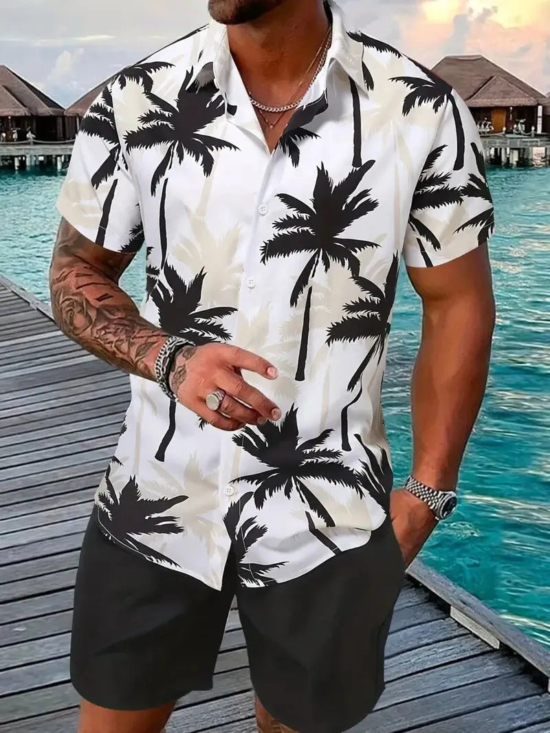 Men's 3D printed Hawaiian pattern short sleeve shirt and matching shorts co-ord set.